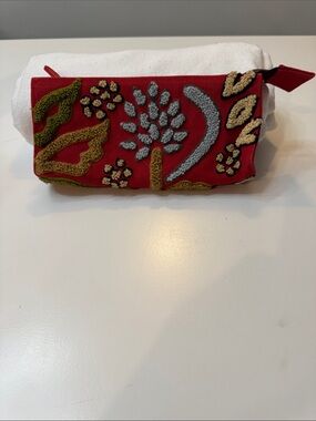 Embroidered Red Floral Cosmetic Pouch